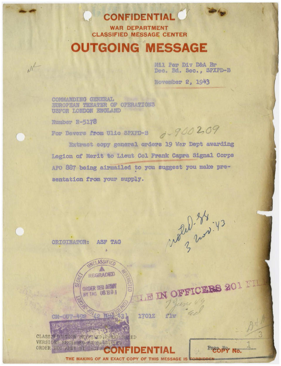 This photo provided by the National Archives shows a singed page from the official military personnel file of Frank Capra , who later became a filmmaker, which was damaged in a massive fire at the Military Personnel Records Center in Overland, Mo., near St. Louis, which started on July 12, 1973. (National Archives via AP)