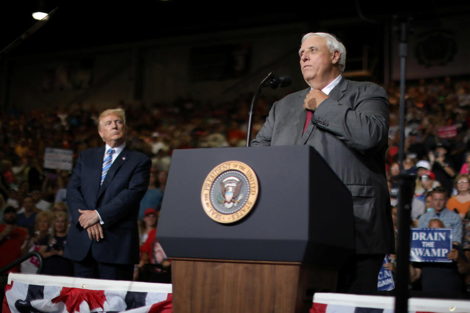 West Virginia's Democratic Governor Jim Justice speaks during a rally with U.S. President Donald Trump, where he announced that he is changing parties in Huntington, West Virginia, U.S., August 3, 2017. REUTERS/Carlos Barria