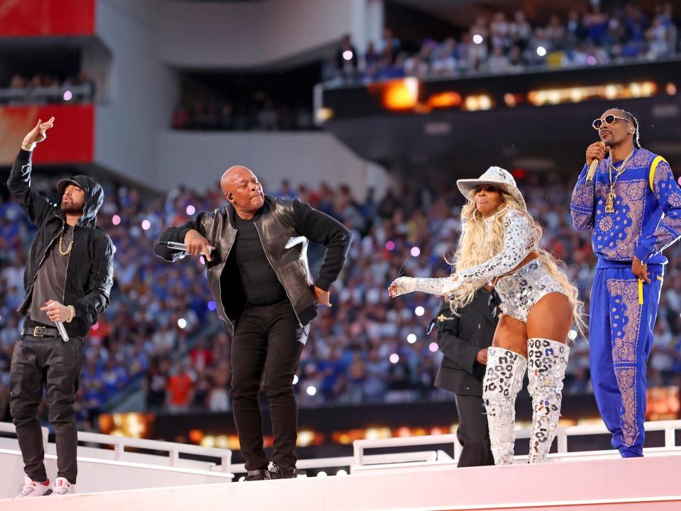 (L-R) Eminem, Dr. Dre, Mary J. Blige, and Snoop Dogg perform during the Pepsi Super Bowl LVI Halftime Show at SoFi Stadium on February 13, 2022.