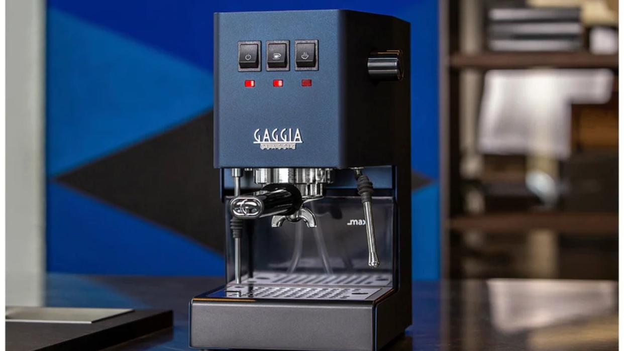  Gaggia Classic Pro espresso machine in navy blue on a countertop 