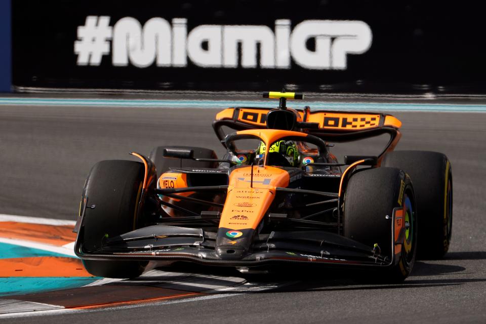 McLaren driver Lando Norris speeds around the Miami International Autodrome circuit during Sunday's F1 Miami Grand Prix.