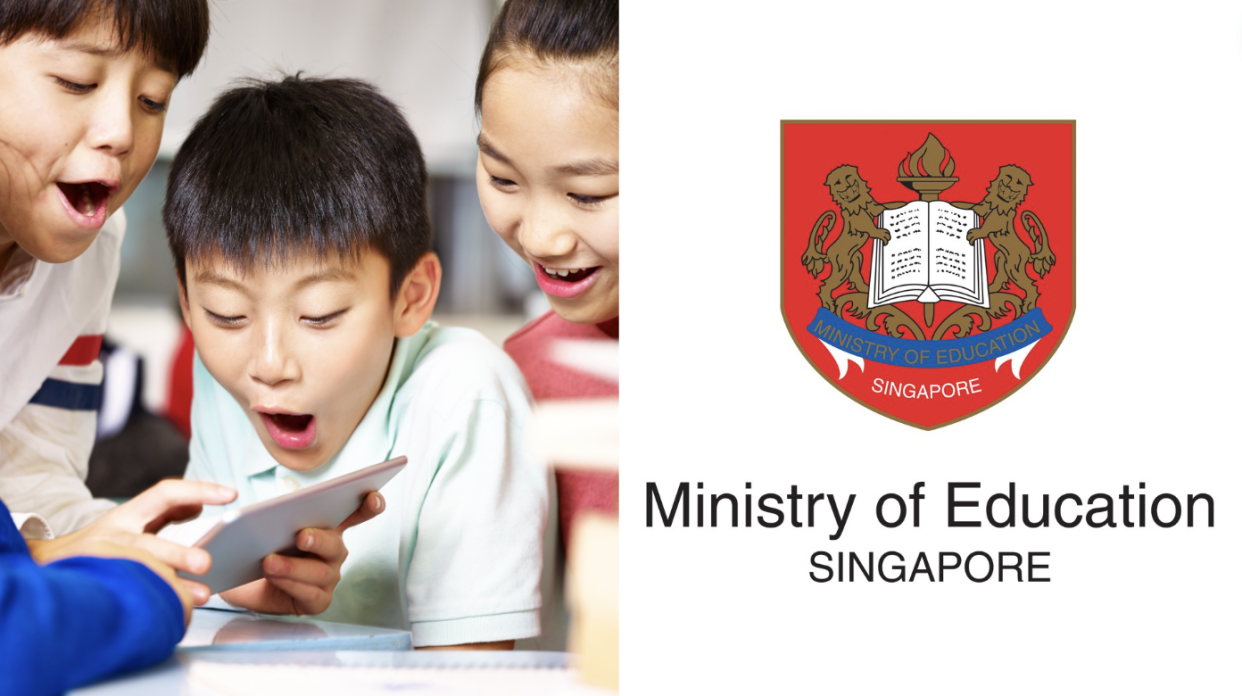 Primary school children playing with digital tablet (left) and Ministry of Education Singapore logo (Photos: Getty Images and Ministry of Education, Singapore/Facebook)