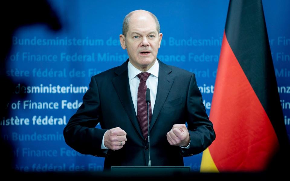 German Finance Minister Olaf Scholz attends an online news conference on the reorganisation of the Federal Financial Supervisory Authority, Bafin, in Berlin, Germany, Tuesday, Feb. 2, 2021. Germany's finance minister has unveiled plans to strengthen the country's financial supervisory authority following the accounting scandal at payment systems provider Wirecard. (Kay Nietfeld/dpa via AP) - Kay Nietfeld/DPA