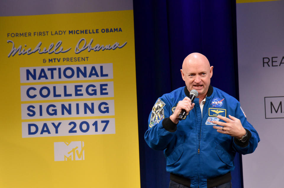 NEW YORK, NY - MAY 05:  Astronaut Mark Kelly speaks onstage during MTV's 2017 College Signing Day With Michelle Obama at The Public Theater on May 5, 2017 in New York City.  (Photo by Bryan Bedder/Getty Images for MTV)
