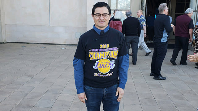 Paco Frausto, a devout Catholic from Huntington Beach, made the short drive to Newport Beach early Sunday morning to pay his respects to Kobe Bryant. (Jeff Eisenberg/Yahoo Sports)