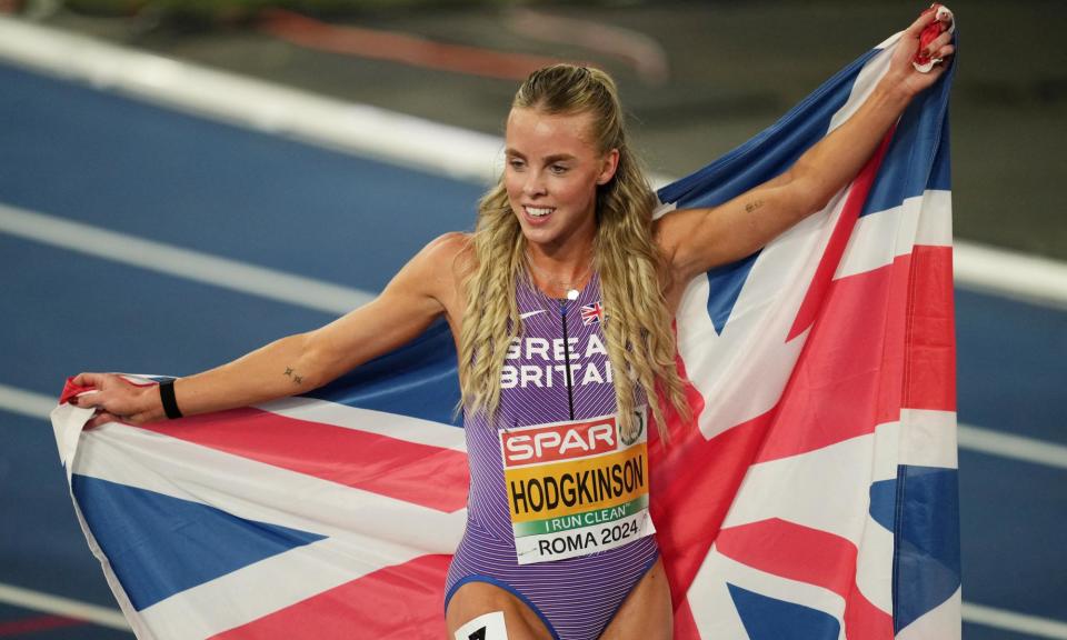 <span>Keely Hodgkinson celebrates winning the women's 800m final at the European Athletics Championships.</span><span>Photograph: Aleksandra Szmigiel/Reuters</span>