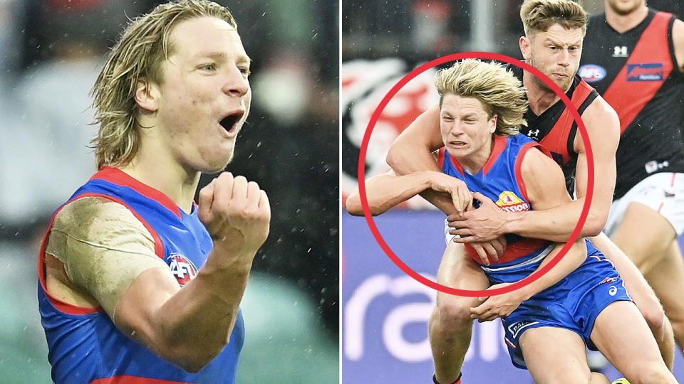 Cody Weightman, pictured here in action for the Bulldogs against Essendon.