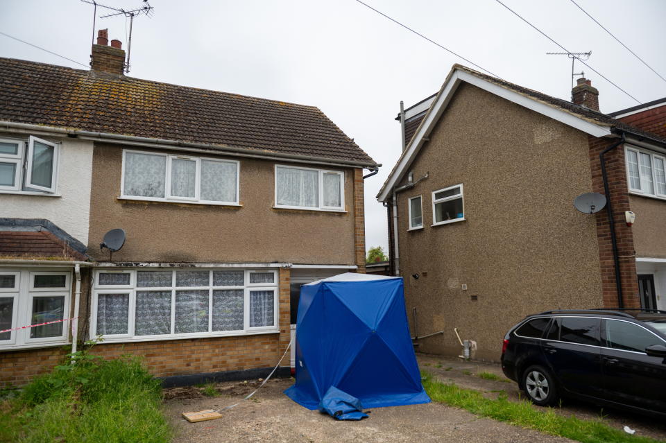 Police outside of the home where a woman in her 50s was killed after being attacked by her two XL Bully dogs - forcing armed police with shields to storm house and seize pets yesterday (20/5), Hornchurch, May 21, 2024.  Release date â€“ May 21, 2024.  A woman in her fifties has been mauled to death by her own XL Bully dog at a home in east London.  Firearms officers were scrambled to Cornwall Close, Hornchurch at 1.12pm on Monday.  The victim was treated by paramedics from London Ambulance Service but pronounced dead at the scene. 