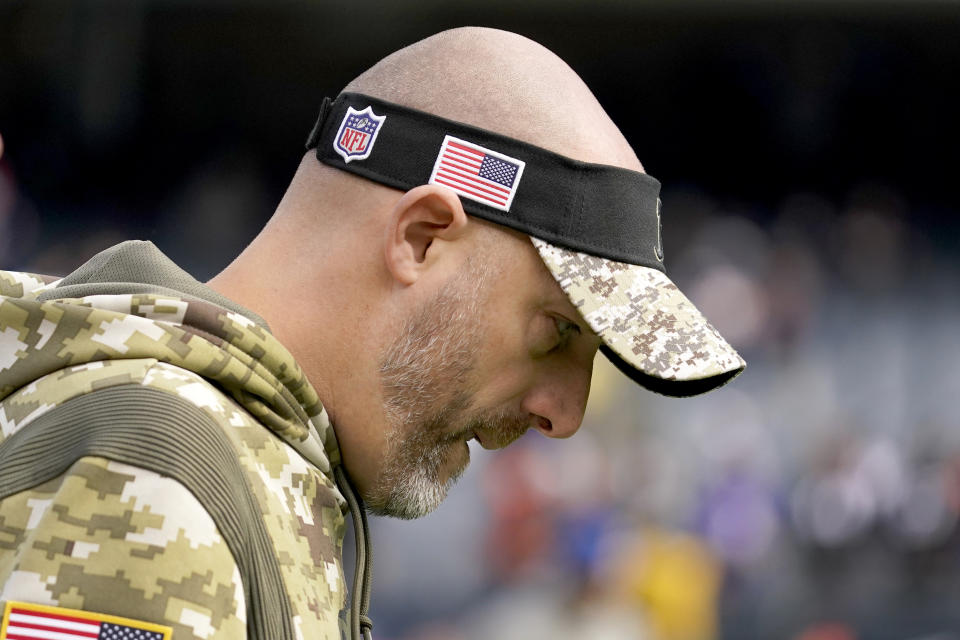 Chicago Bears head coach Matt Nagy walks onto the field before an NFL football game against the Baltimore Ravens Sunday, Nov. 21, 2021, in Chicago.(AP Photo/Nam Y. Huh)