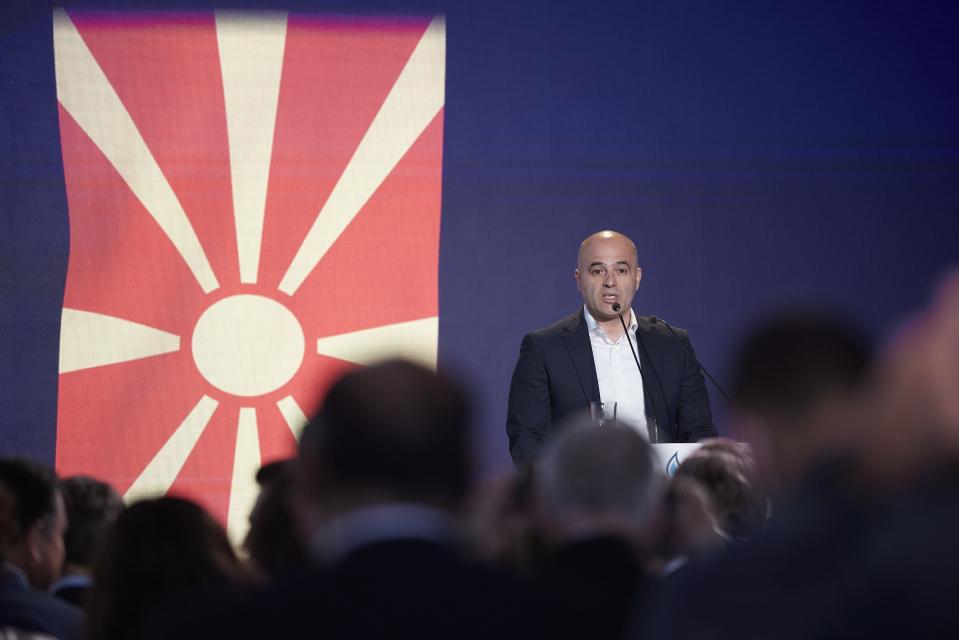 North Macedonia's Prime Minister Dimitar Kovachevski speaks during a ceremony at the port of Alexandroupolis, northern Greece, Tuesday, May 3, 2022. Top European Union official Charles Michel is joining the leaders of four Balkan countries on a tour of liquefied natural gas facilities being built in northern Greece to challenge Russia's energy dominance in the region. (Dimitris Papamitsos/Greek Prime Minister's Office via AP)