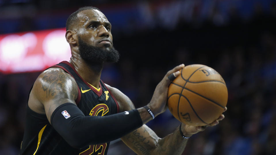 Cleveland Cavaliers forward LeBron James shoots a foul shot during an NBA basketball game against the Oklahoma City Thunder in Oklahoma City, Tuesday, Feb. 13, 2018. (AP Photo/Sue Ogrocki)