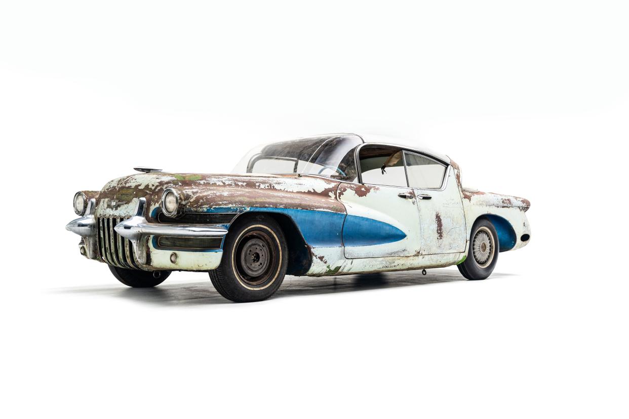 The 1955 La Salle II sedan is part of the exhibition "GM’s Marvelous Motorama: Dream Cars from the Joe Bortz Collection" at the Petersen Automotive Museum. It is still in the unrestored junkyard condition in which collector Joe Bortz acquired it.