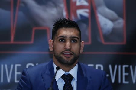 Boxing - Saul 'Canelo' Alvarez & Amir Khan Head-to-Head Press Conference - The Park Plaza Riverbank, London - 29/2/16 Amir Khan during the press conference Mandatory Credit: Action Images / Andrew Couldridge