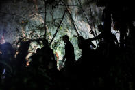 <p>Military personnel are seen in front of the Tham Luang cave where 12 boys and their soccer coach were trapped, in the northern province of Chiang Rai, Thailand, July 6, 2018. (Photo: Athit Perawongmetha/Reuters) </p>