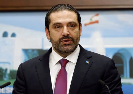 FILE PHOTO: Lebanon's Prime Minister Saad al-Hariri speaks after a cabinet meeting in Baabda near Beirut, Lebanon December 5, 2017. REUTERS/Mohamed Azakir/File Photo