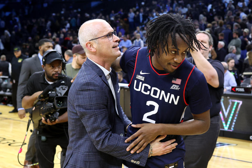 PHILADELPHIA, PENNSYLVANIA - JANUARY 20: Head coach Dan Hurley and Tristen Newton #2 of the Connecticut Huskies react after defeating the Villanova Wildcats at the Wells Fargo Center on January 20, 2024 in Philadelphia, Pennsylvania. (Photo by Tim Nwachukwu/Getty Images)