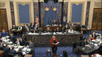 In this image from video, House impeachment manager Rep. Zoe Lofgren, D-Calif., speaks during the impeachment trial against President Donald Trump in the Senate at the U.S. Capitol in Washington, Wednesday, Jan. 22, 2020. (Senate Television via AP)