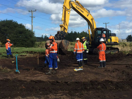 Workers repair part of a pipeline in Northland, New Zealand in this September 20, 2017 handout photo. Picture taken September 20, 2017. MANDATORY CREDIT Dan McGrath/NZ Refining/Handout via REUTERS