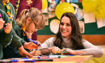 Her children are breaking up for the Easter holidays this week, but Kate spent Thursday bonding with other adorable kids as she visited the Scouts' headquarters at Gilwell Park in Essex. Dressed in casualwear for her laidback engagement, Kate arrived to whoops and cheers from the young Scouts. The Duchess was learning about the organisation's new pilot to bring Scouting to younger children, while also celebrating the site's 100th anniversary year.Kate, who has carried out engagements with the Scouts before, joined the youngsters in various activities to help them improve skills like communication and teamwork. Boat building and balloon rocket assembling were just some of the workshops that Kate, 37, got stuck into. Let's take a look at the best photos from the royal's day out…