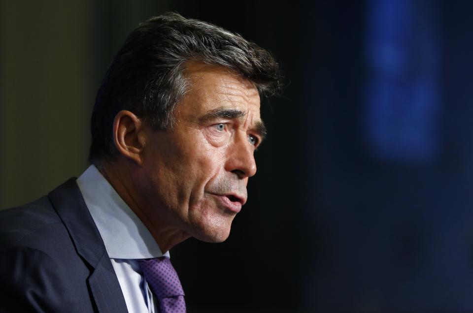 NATO Secretary General Anders Fogh Rasmussen talks to the media during a monthly news conference in Brussels September 2, 2013. Rasmussen said on Monday he had seen evidence about an Aug. 21 attack in Syria that had convinced him that the Syrian authorities were responsible for a chemical weapons strike. REUTERS/Francois Lenoir (BELGIUM - Tags: MILITARY POLITICS)