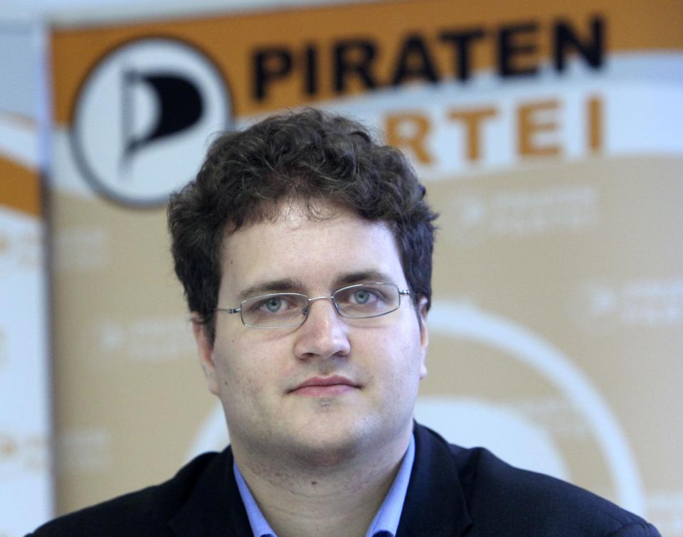 FILE - The Dec. 4, 2011 file photo shows party leader Sebastian Nerz during a party meeting of the German Pirate Party in Offenbach, Germany. A new poll published Tuesday, April 3, 2012 shows support for Germany's upstart Pirate Party rising to a record 12 percent after its second success in a state election — underlining its arrival as a force in national politics. The Pirates, with a platform based on near-total transparency and Internet freedom, first won seats in a state legislature in Berlin last September. On March 25 they won seats in Saarland, in western Germany. (AP Photo/Michael Probst, file)