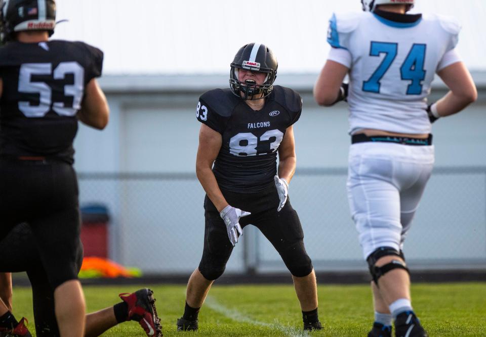 John Glenn's Eli Beeney (83) celebrates during the John Glenn vs. Saint Joseph football game Friday, Sept. 2, 2022 at John Glenn High School in Walkerton. 