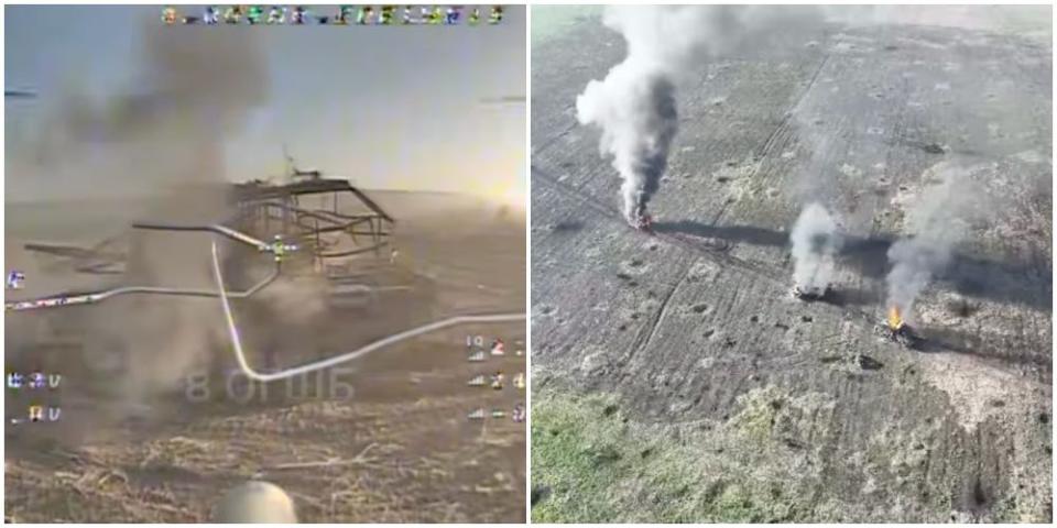 Two side-by-side stills from Ukraine's  8th battalion of the 10th mountain assault brigade "Edelweiss", showing a drone's eye view of a Russian armored fighting vehicle with a 'cope cage on top; and an aerial view of three flaming AFVs in a field.