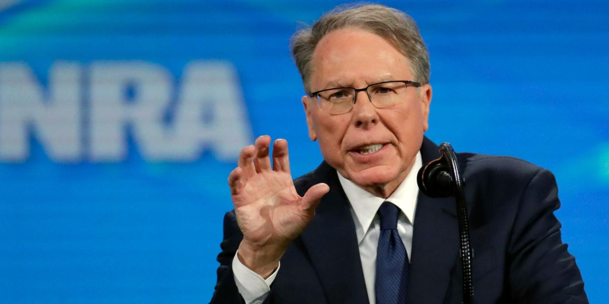 FILE - In this Friday, April 26, 2019 file photo, National Rifle Association Executive Vice President Wayne LaPierre speaks at the National Rifle Association Institute for Legislative Action Leadership Forum in Lucas Oil Stadium in Indianapolis. The National Rifle Association is meeting in the shadows of Congress as its leaders remain under fire for spending and its operations. Amid the turmoil, lawmakers are considering steps to stem gun violence, including proposals long opposed by the NRA. (AP Photo/Michael Conroy, File)