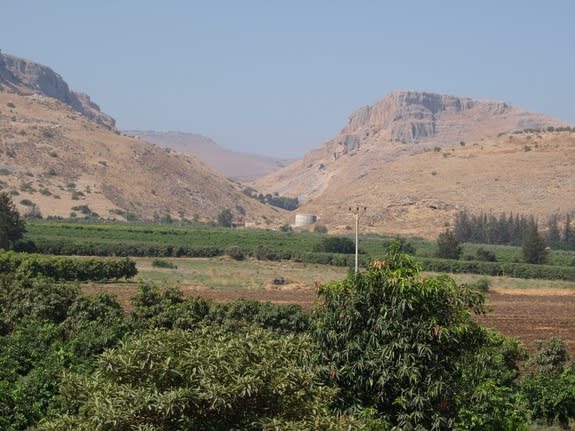 View looking southwest showing the mountains bounding the Ginosar Valley in Israel. Archaeologists found pottery remains, cubes known as tesserae and, in the modern town, architectural fragments indicating a town flourished in the area from the