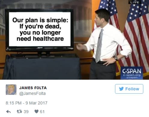 <p>“Unser Plan ist einfach: Wenn du tot bist, brauchst du keine Krankenversicherung mehr.” Die Republikaner sind besonders stolz darauf, dass das Papier zur neuen Gesundheitsreform wesentlich dünner ist als das von Obama. Tatsächlich kann man es auf einen Satz herunterbrechen. (Foto: Twitter) </p>