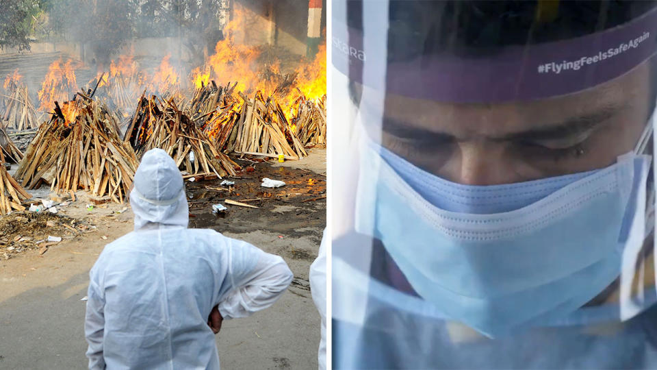 Cricketer wearing Covid-19 protective gear (pictured right) and bodies being cremated in India due to Covid-19. Pat Cummins said he bevlied the Indian Premier League should not be abandoned because it offers Indian fans a brief distraction from the horrors of Covid-19 (pictured left) ravaging the country. (Getty Images/Kolkata KnightRiders)