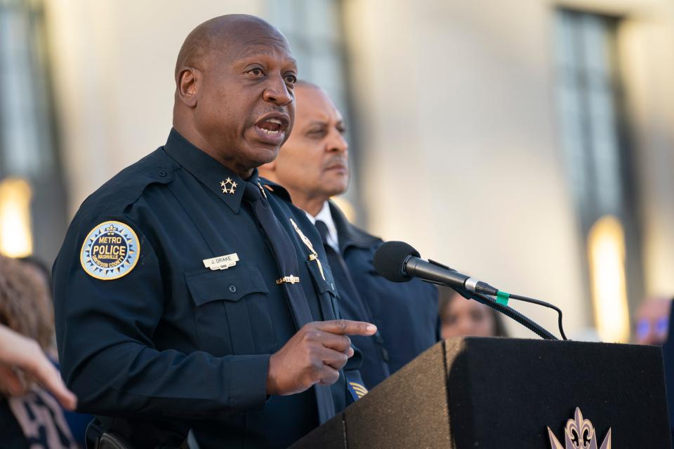 Metro Police Chief John Drake delivers remarks during the Nashville Remembers candlelight vigil at Public Square Park to mourn and honor victims of The Covenant School mass shooting on Wednesday, March 29, 2023, in Nashville, Tenn.