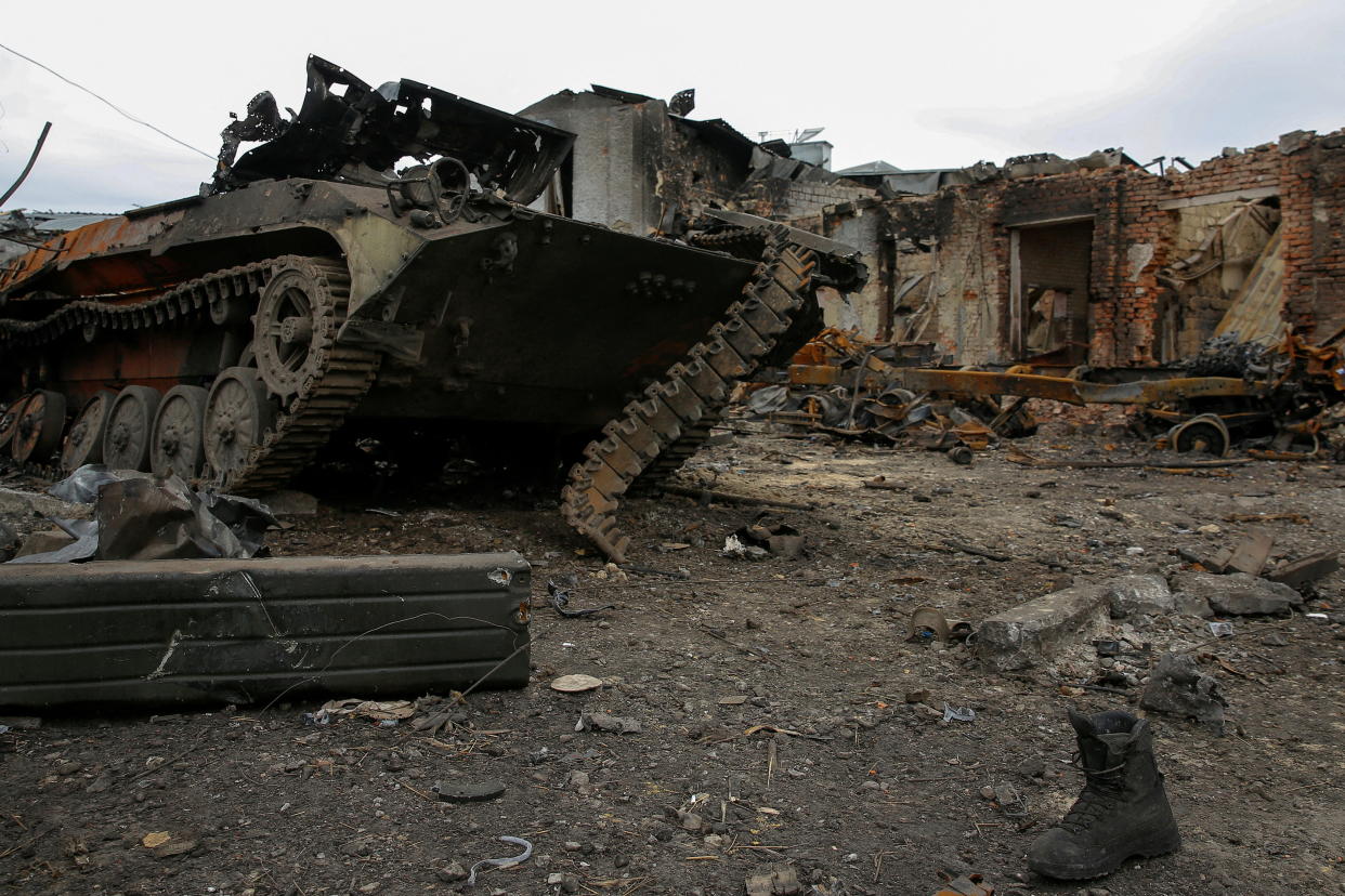 A destroyed Russian armoured fighting vehicle is seen amid Russia’s attack on Ukraine continues, in the town of Trostianets, in Sumy region, Ukraine March 28, 2022. Picture taken March 28, 2022. REUTERS/Oleg Pereverzev