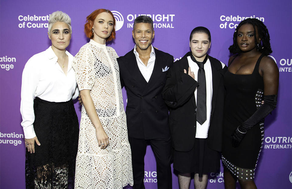 Melissa Navia, Jess Bush, Wilson Cruz, Blu del Barrio and Celia Rose Gooding attend Outright International's 27th Celebration of Courage Awards And Gala at Pier Sixty on June 05, 2023 in New York City.