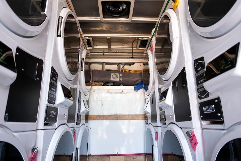 The inside of Homeward Alliance's mobile laundry truck is seen during a drop-off at the Fullana Learning Center on Tuesday, July 17, 2024, in Fort Collins, Colo. The laundry truck was damaged in a crash nearly five months ago was recently repaired.