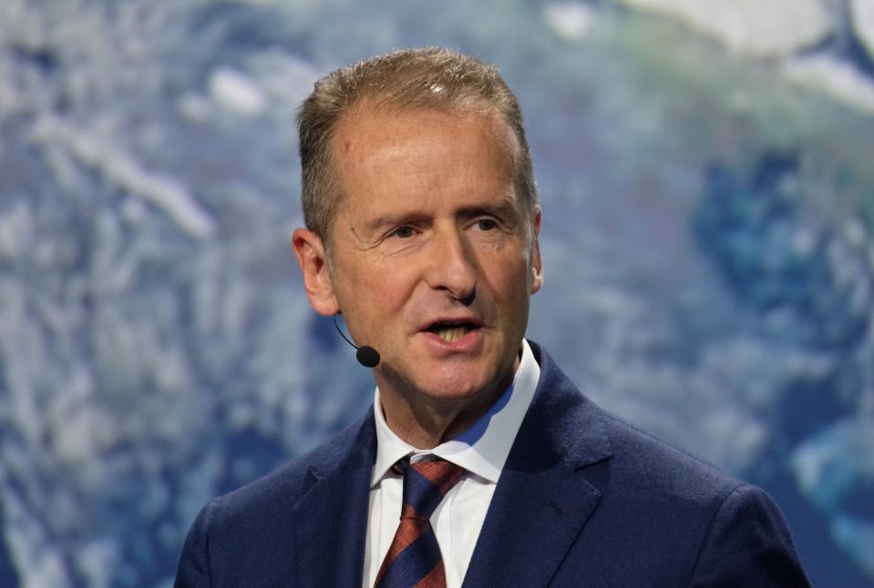 04 November 2019, Saxony, Zwickau: Herbert Diess, Chairman of the Board of Management of Volkswagen AG, speaks at a ceremony marking the start of production of the ID3 electric car. Photo: Sebastian Willnow/dpa-Zentralbild/dpa (Photo by Sebastian Willnow/picture alliance via Getty Images)