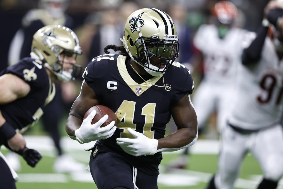 New Orleans Saints running back Alvin Kamara (41) runs against the Cincinnati Bengals during the first half of an NFL football game in New Orleans, Sunday, Oct. 16, 2022. (AP Photo/Butch Dill)