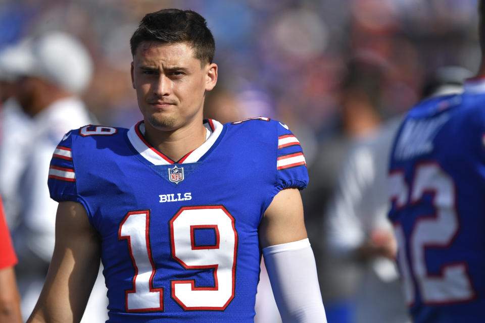 Buffalo Bills punter Matt Araiza walks on the sideline during the first half of a preseason NFL football game against the Indianapolis Colts in Orchard Park, NY, Saturday, Aug.  13, 2022. (AP Photo/Adrian Kraus)