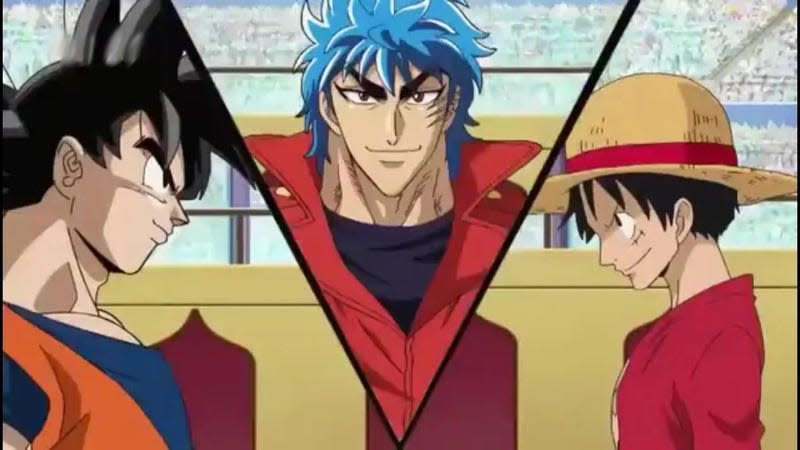 Goku, Toriko, and Monkey D. Luffy face off at a fighting tournament.