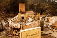 A chimney stands at a Fairwinds Estate Winery building, which burned in the Glass Fire, on Thursday, Oct. 1, 2020, in Calistoga, Calif. (AP Photo/Noah Berger)