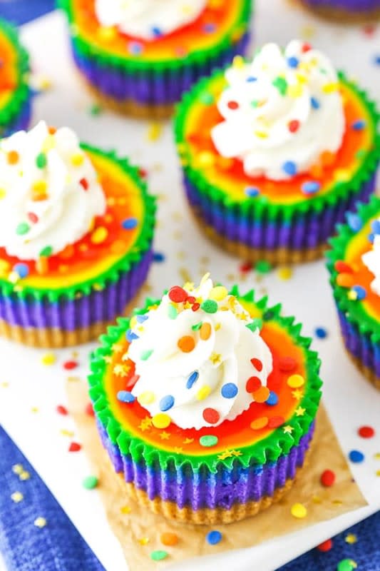 <p>These mini rainbow cheesecakes are so fun with colorful swirl layers! This fun cheesecake recipe is perfect for St. Patricks Day or a kid’s party! Rainbow cake meets cheesecake!</p><p><strong>Get the recipe: <a href="https://www.lifeloveandsugar.com/mini-rainbow-cheesecakes/" rel="nofollow noopener" target="_blank" data-ylk="slk:Mini Rainbow Cheesecakes;elm:context_link;itc:0;sec:content-canvas" class="link "><em>Mini Rainbow Cheesecakes</em></a></strong></p>