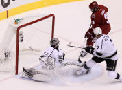 GLENDALE, AZ - MAY 22: Keith Yandle #3 of the Phoenix Coyotes scores past goaltender Jonathan Quick #32 of the Los Angeles Kings in the second period of Game Five of the Western Conference Final during the 2012 NHL Stanley Cup Playoffs at Jobing.com Arena on May 22, 2012 in Phoenix, Arizona. (Photo by Jeff Gross/Getty Images)