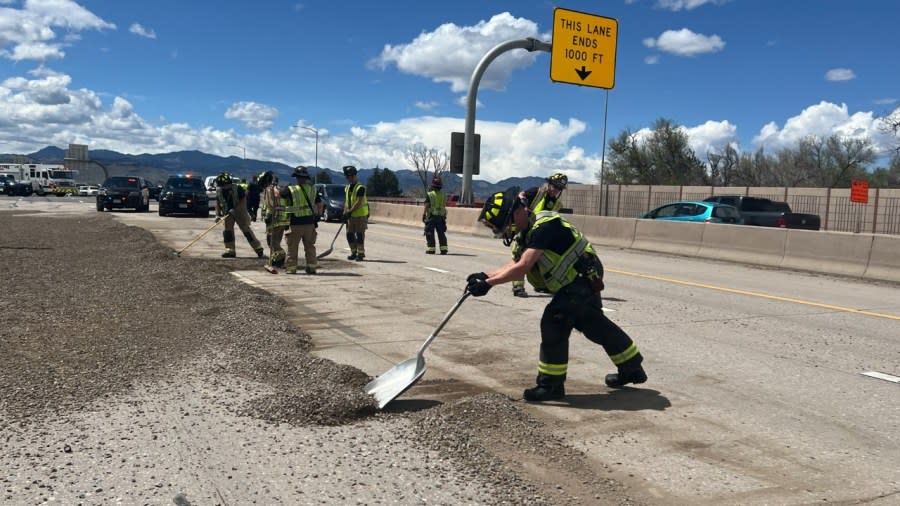 Gravel covered Interstate 70 Friday afternoon after a semi-truck crashed near Kipling Street. (Photo: Arvada Fire Protection District)