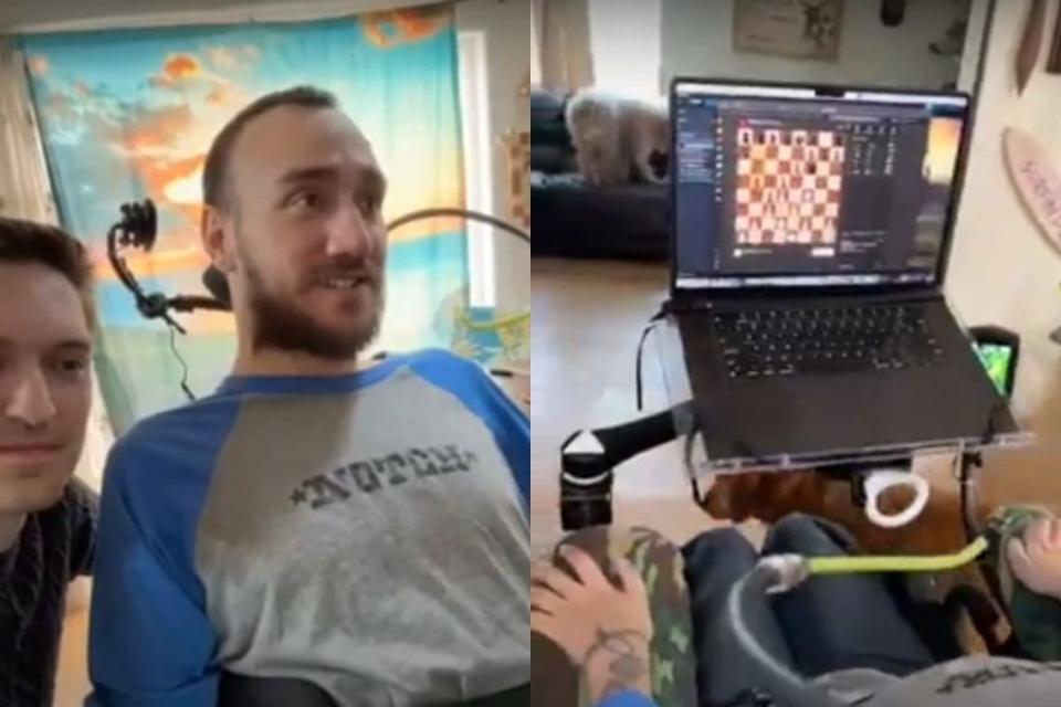 Noland Arbaugh jugando al ajedrez gracias a su implante Neuralink (imagen tomada del vídeo compartido en X) 