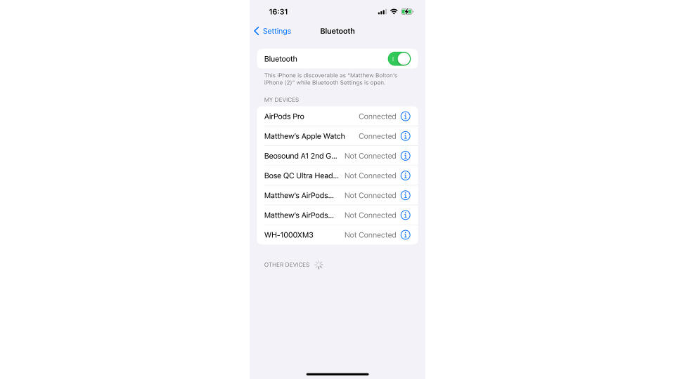 Apple iPhone Bluetooth settings screen