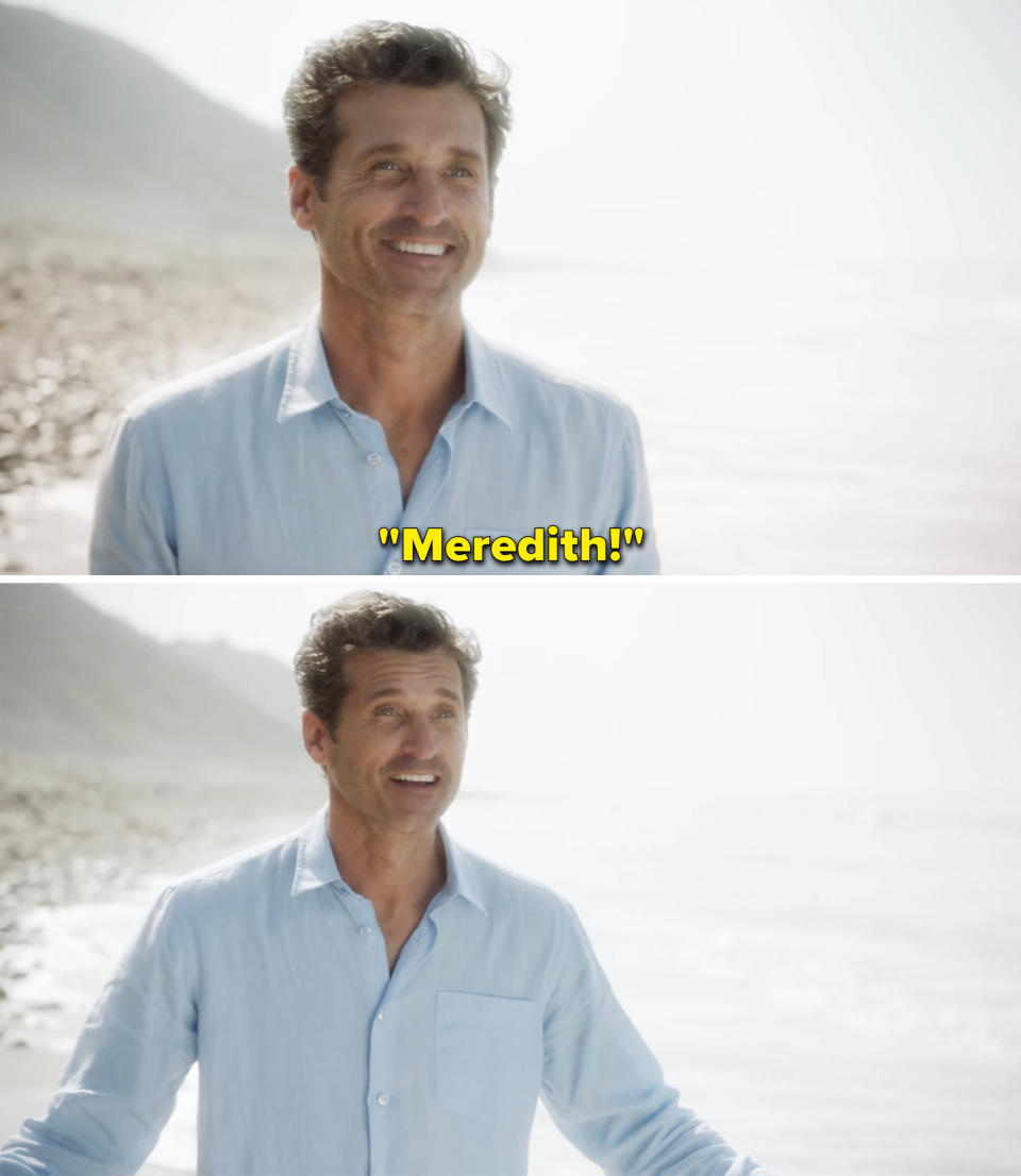 Derek on a beach saying, "Meredith!" and smiling