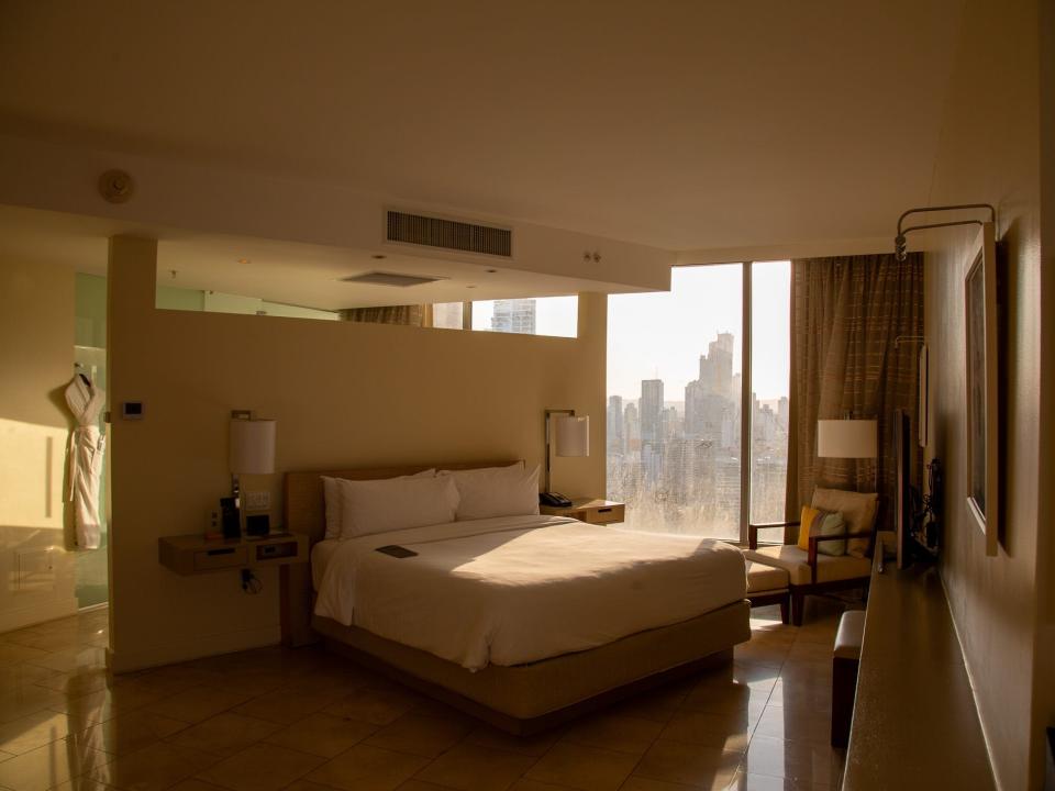 A view of the open concept bedroom and bathroom at the JW Marriott Panama.