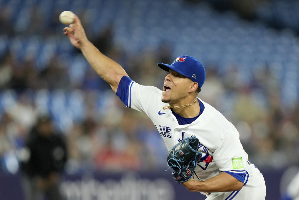 Toronto Blue Jays starting pitcher Jose Berrios works against the New York Yankees during the first inning of a baseball game Wednesday, Sept. 27, 2023, in Toronto. (Frank Gunn/The Canadian Press via AP)