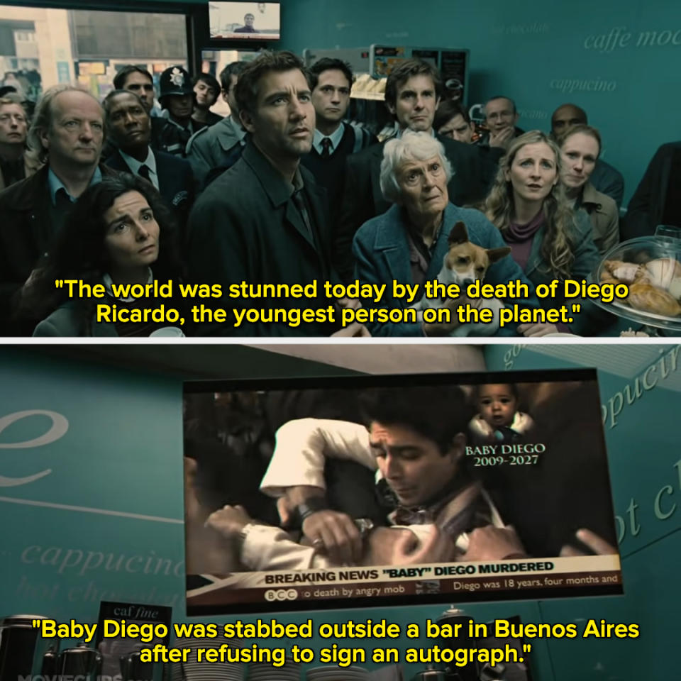 A crowd of people watching someone on TV say "The world was stunned today by the death of Diego Ricardo, the youngest person on the planet; Baby Diego was stabbed outside a bar in Buenos Aires after refusing to sign an autograph"