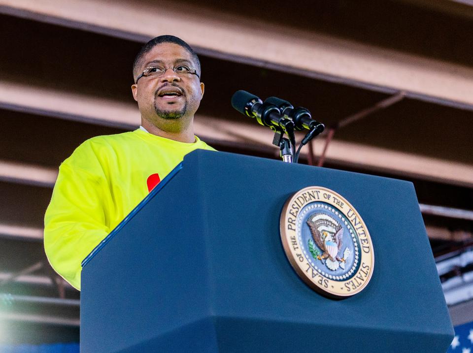 Rashawn Spivey, owner of Hero Plumbing, introduces President Joe Biden at the Wisconsin Black Chamber of Commerce on Dec. 20, 2023, in Milwaukee.